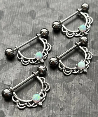 一对蛋白石中心金银丝滴乳头盾戒指身体珠宝14克或16克 — 第 1/4 张图片