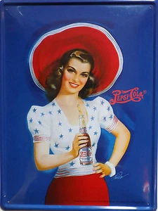 PLAQUE METAL vintage PEPSI COLA PIN UP AU CHAPEAU   - 40 X 30 cm - Picture 1 of 1