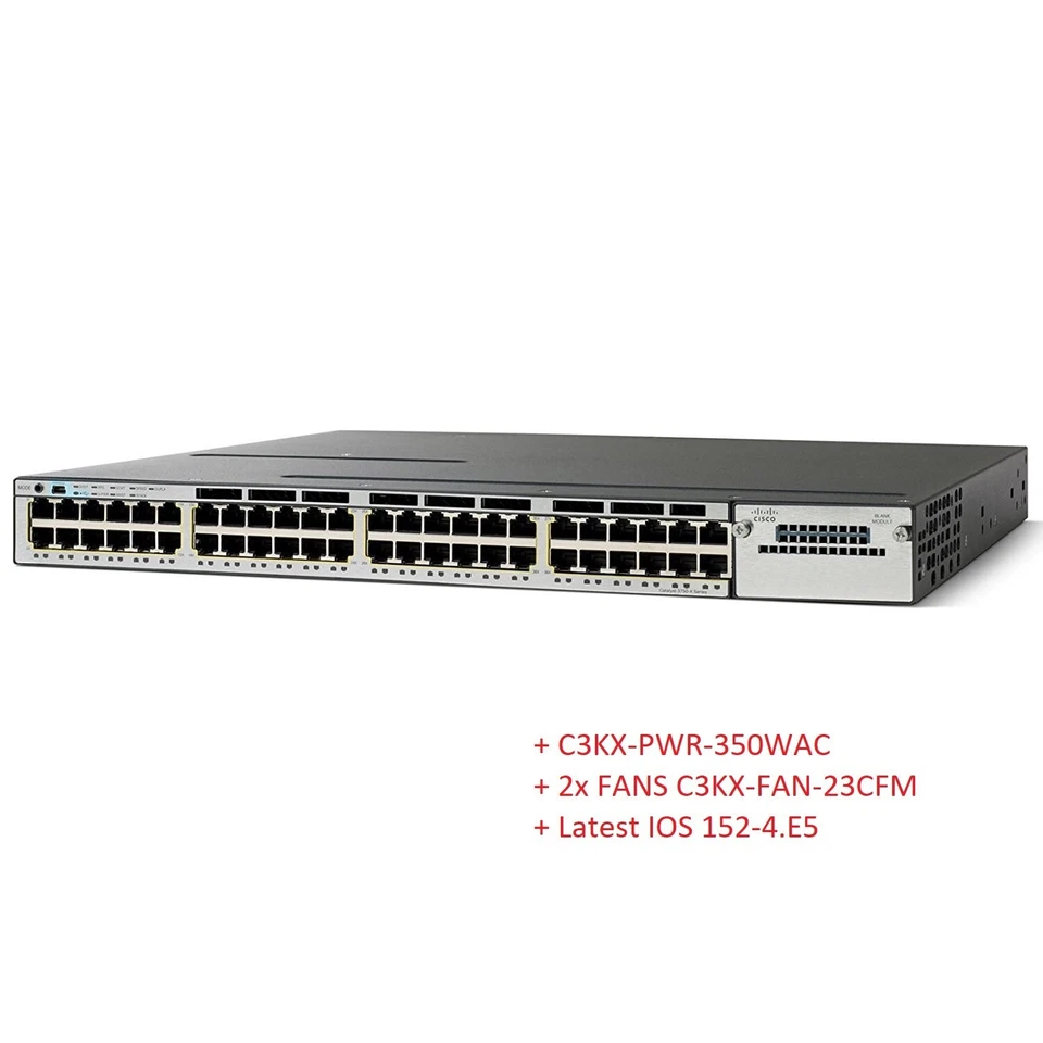 🌟 CISCO WS-C3750X-48T-S 48x10/100/1000 Gigabit Switch IPBase CCNA Tested 1xPSU - Image 1 of 1