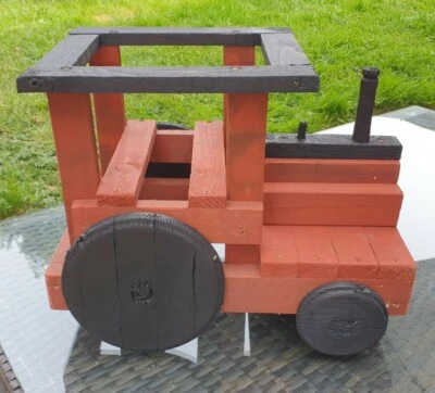 Train Steam Engine handmade Wooden Garden Herb Planter Plant Pot Rustic Recycled - Image 1 of 4