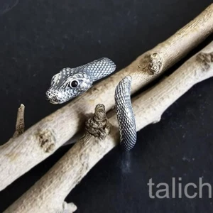 925 Sterling Silver Coiled Snake Serpent Ring Black CZ Eyes Adjustable Unique - Picture 1 of 8