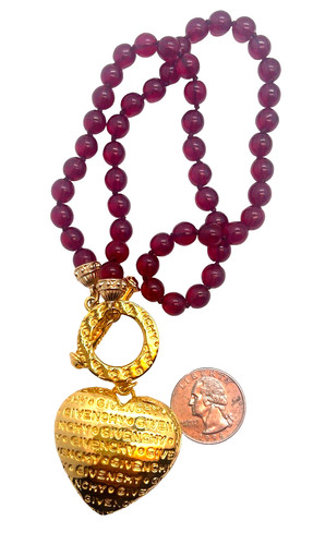 Collana con ciondolo cuore gonfio firmato Givenchy vintage anni 80 perle vetro rosso