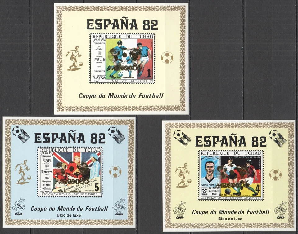 M0761 IMPERF CHAD FOOTBALL WORLD CUP 1982 ! GOLD OVERPRINT MEXICO 86 3BL MNH - Image 1 of 1