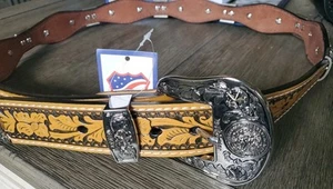 Western Belt Unisex Cowboy Silver Concho Bullrider Tan Brown Floral XL - Picture 1 of 7