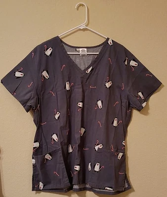 Women's Cute Penguin And Candy Cane Graphic Short Sleeve Medical Scrub Top XL - Image 1 of 4