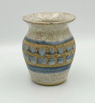 Small Studio Pottery Vase Blue Beige Glaze Handmade Stoneware Decorative Art - Image 1 of 4