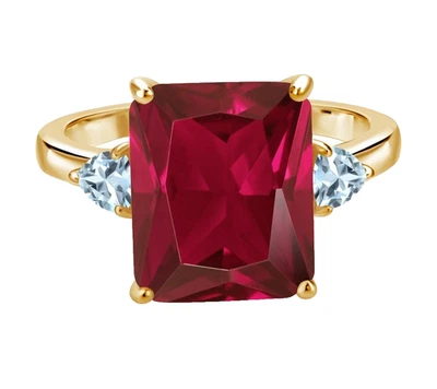 925 Silver Yellow Gold Plated Created Ruby Sky Blue Aquamarine Engagement Ring - Image 1 of 4