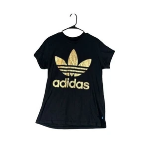 T-shirt Adidas donna S small nera oro metallizzato trifoglio grafica casual comoda - Foto 1 di 9