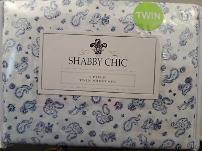 Juego de sábanas dobles Shabby Chic de Rachel Ashwell blanco azul floral cachemir 4 piezas NUEVO Foto 1 de 4