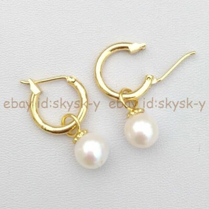 7-8mm Round Genuine Natural White South Sea Pearl Dangle Hoop Earrings - Picture 1 of 6