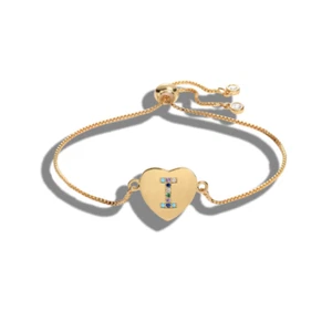 Letter "I" Initial Heart Multi Color Cubic Zirconia Yellow Gold Thin Bracelet - Picture 1 of 1