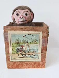 Antique jack in the box fur monkey wooden box - Picture 1 of 6