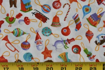 32" Long, Christmas Ornaments on White Quilt Cotton, Moda, Ingrid, Japan, P6869 - Image 1 of 4