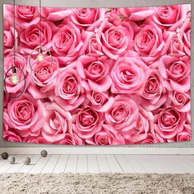 Floral Red Rose Tapestry Wall Hanging Large Fabric Pink Love Wedding Room Decor - Image 1 of 4