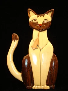Handgefertigtes 3D Intarsien Holz Kunst KATZE und MAUS Schild Wandrelief - Bild 1 von 2