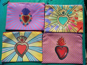 Mexican Cosmetic Bag Lined Satin Milagro Sacred Heart Perpetuo Socorro 8.25 x 6 - Picture 1 of 4