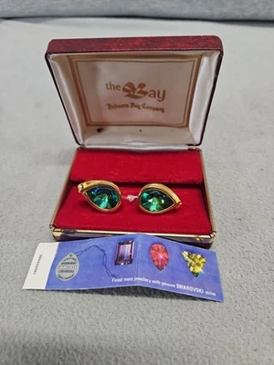 Vintage The Hudson Bay Company Green Swarovski Gold Tone Cuff links (2s9) - Image 1 of 4