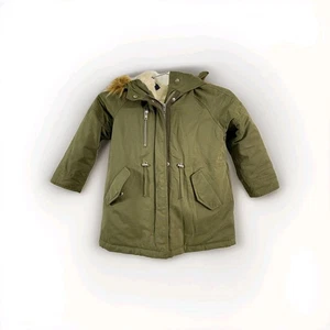 Zara Kids Parka Coat Youth 8 128 cm Green Faux Fur Hood Sherpa Lined Winter - Picture 1 of 15