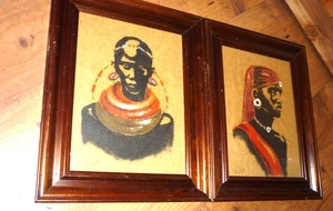 VINTAGE AFRIKANISCHES GEMÄLDE PAAR - GEMALT AUF SACKLEINEN & SIGNIERT - GERAHMTES SCHLÜSSELBILD - Bild 1 von 17