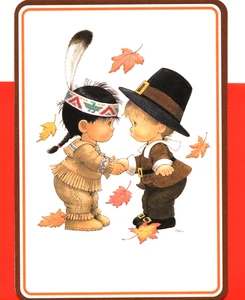 Happy Thanksgiving Pilgrim Indian Peace Ruth Morehead 1998 Gibson Greeting Card - Picture 1 of 3