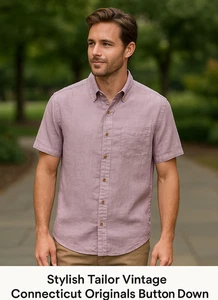 Tailor Vintage 100% Linen Button Down Shirt Men’s L Pale Lavender Short Sleeve - Picture 1 of 6