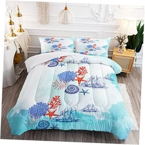 Blue Ocean Comforter Set for Kids and Adults, Twin Size Coral Seashell - Picture 1 of 8
