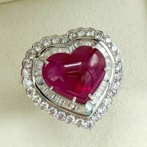 Huge 11.73CT Burmese Heart Shape Ruby With Round & Baguette Shape CZ Heart Ring - Picture 1 of 9