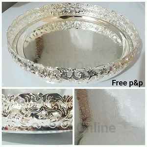 Silver Plate Indian Round Gallery Tray Plate Paandan Paan Leaf Tea Tray Biscuit - Picture 1 of 3