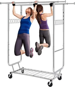 Double Clothing Garment Rack, Heavy Duty Clothing Racks on Wheels Rolling Clo... - Picture 1 of 6
