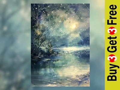Moonlit Winter River 5"x7" impressão em papel fosco | Aquarela paisagem serena - Imagem 1 de 4