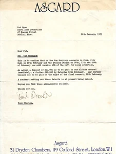 VAN MORRISON - CARTA DEL PROMOTOR A PAT EGAN 1979 SOBRE FINANZAS DE CONCIERTOS - Imagen 1 de 2