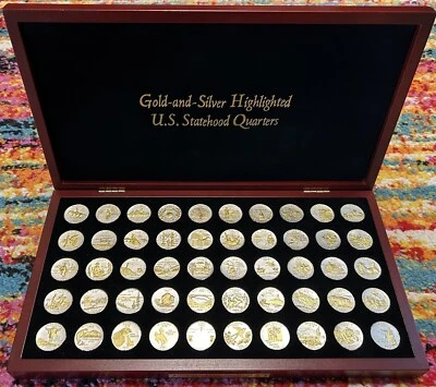 Gold & Silver Highlighted US Statehood Quarters PCS Stamps & Coins 50 Coin Set - Image 1 of 4