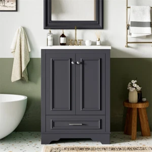 24'' Bathroom Vanity with Ceramic Sink Combo Blue Gray Cabinet w/Doors & Drawers - Picture 1 of 20
