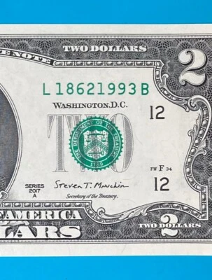 L 1862 1993 B TRAILING YEAR 1993 $2 Two Dollar Bill Serial Number 2017A *UNC* - Image 1 of 3