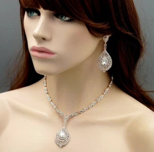 ROSE GOLD Plated Clear Crystal Necklace Pendant Earrings Wedding Jewelry Set 623 - Picture 1 of 5