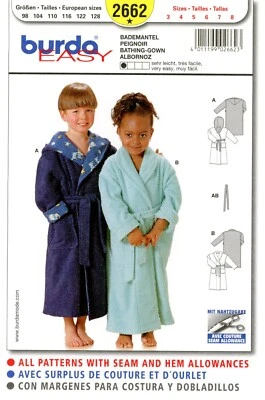 Burda 2662 Plush Robe w Hood or Shawl Collar, Tie Belt UNISEX Sz 3-8 UC Pattern - Image 1 of 4