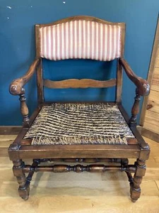 Antique Wood Armchair With Rush Seat & Striped Upholstered Back - Picture 1 of 9