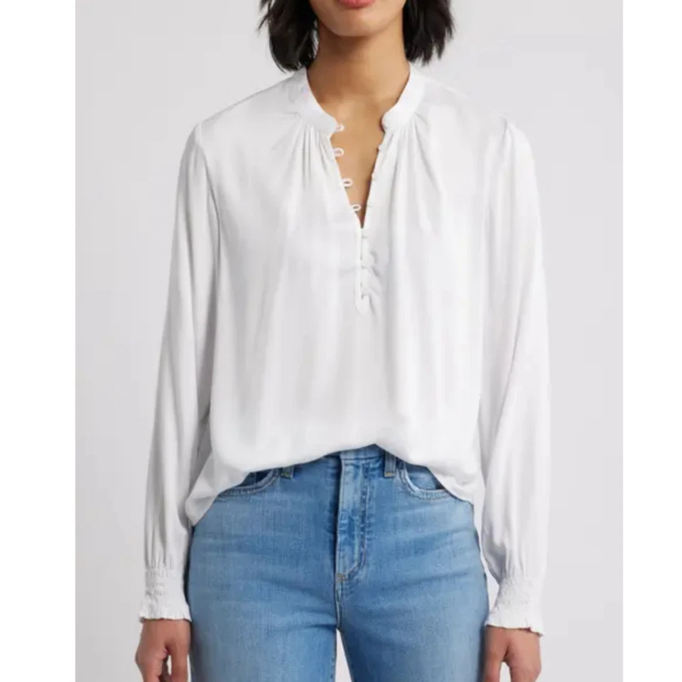 Top campesino blanco de tela y piedra Anthro para mujer talla grande satinado manga larga boho  Foto 1 de 4