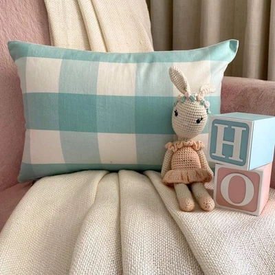 Aqua Blue Cotton Lumbar Pillow Cover Buffalo Checks - Aqua Plaid Play - Image 1 of 4