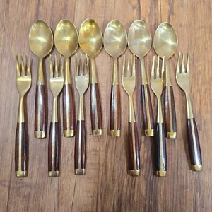 Set of 6 Vintage Thai Bronze Rosewood Dessert Forks & Spoons Tiki Boho Tableware - Picture 1 of 16