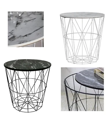 Wire Side Table Retro Metal Basket Marble Top Storage Table Home Corner Table - Image 1 of 4
