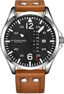 Stuhrling Men's Steel Riveted Tan Leather Strap Japan Quartz Aviation Watch