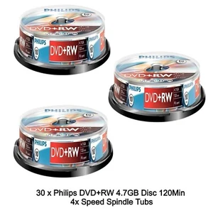 30 Philips DVD+RW 4.7GB Disc 120Min 4x Speed Spindle Tub Rewritable Blank Discs - Picture 1 of 9