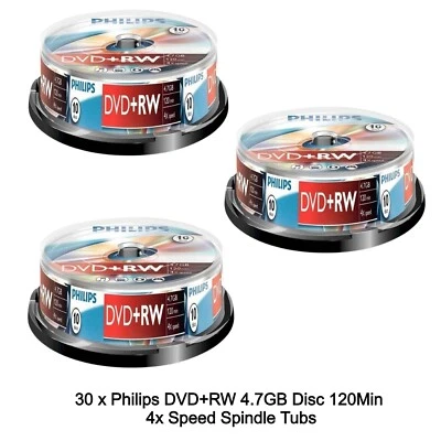 30 Philips DVD+RW 4.7GB Disc 120Min 4x Speed Spindle Tub Rewritable Blank Discs - Image 1 of 4