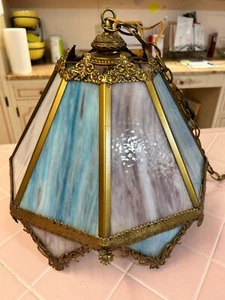 8 Panel Slag Glass Carousel Lamp Shade/Chandlier Pink & Blue Pre-Owned - Picture 1 of 14
