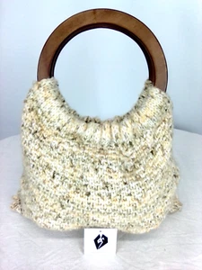 Vintage 70's Hand Made Crohet Wooden Round Handles Tote Bag - Picture 1 of 7