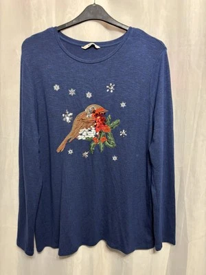 -770 Tu Sz 18 Navy Embroidered Knit Sequin&Beaded Festive Robin Xmas Jumper - Image 1 of 3