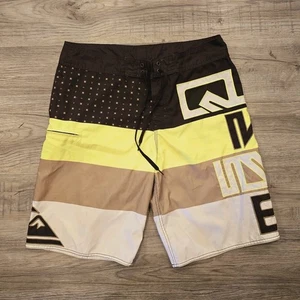 Quicksilver Board Shorts Mens 36 Neon Yellow Brown Stitched Zip Pocket Neo Fly - Picture 1 of 17