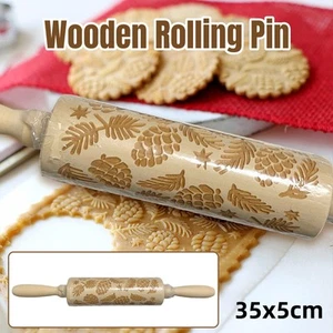 Leaves Engraved Wooden Rolling Pin Embossed Dough Roller Carved Mold Cookies AU - Picture 1 of 11