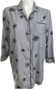 Lands’ End 1X Sleepshirt Blue Stripe Snowflake Print Button Front Lounge Pajama - Picture 1 of 8